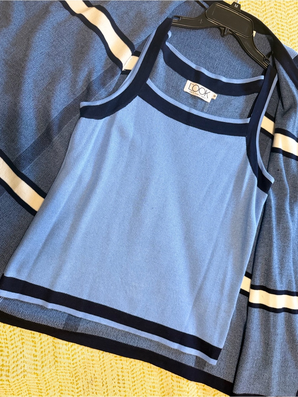 Light Blue Tank Top with Navy Trim and Cardigan